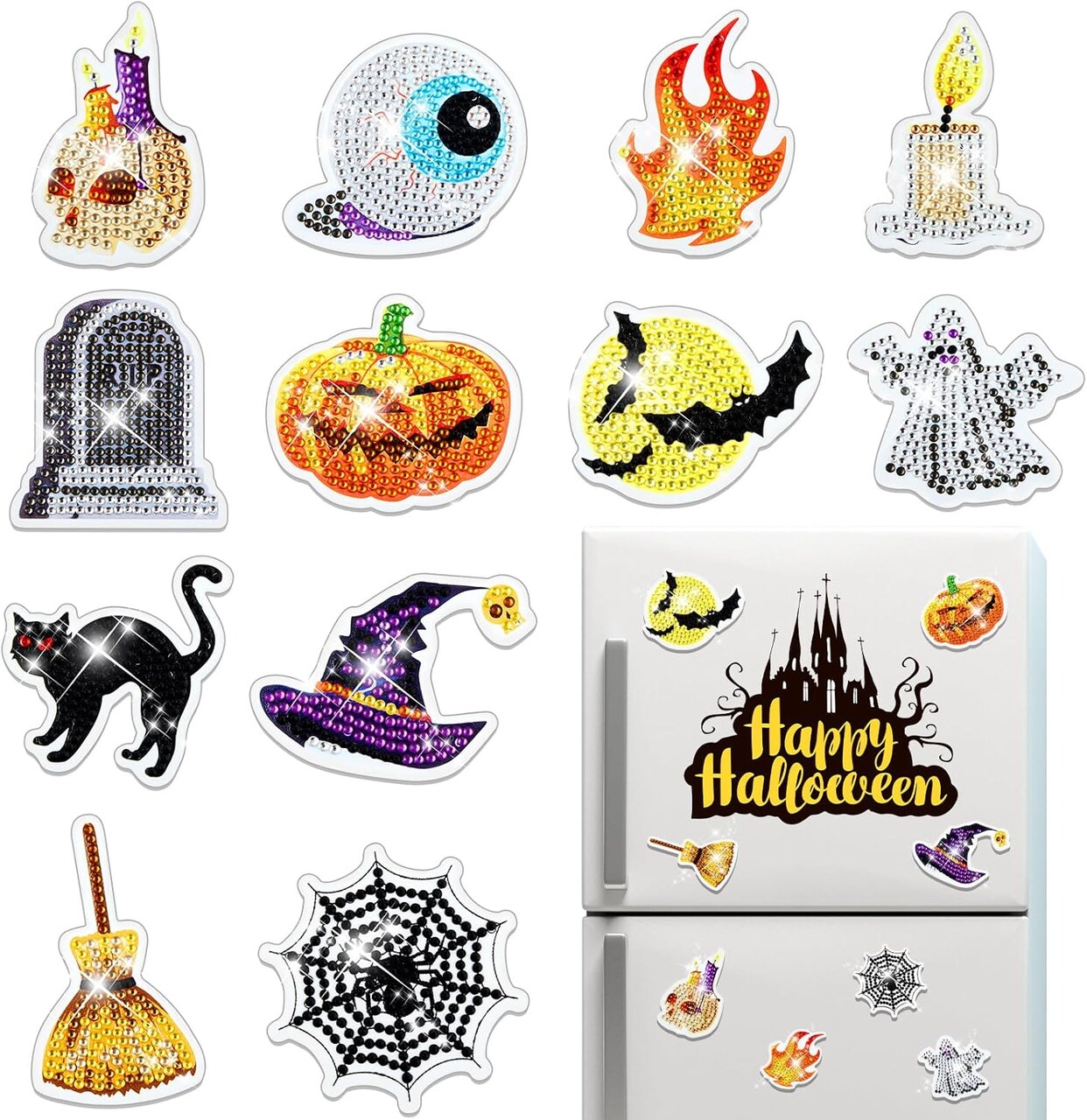 12 Pcs Halloween Diamond Magnets DIY Special Shaped Painting Kits for Kids Halloween Gem Art Painting Kits Refrigerator Magnets for Halloween Party Holiday Decoration